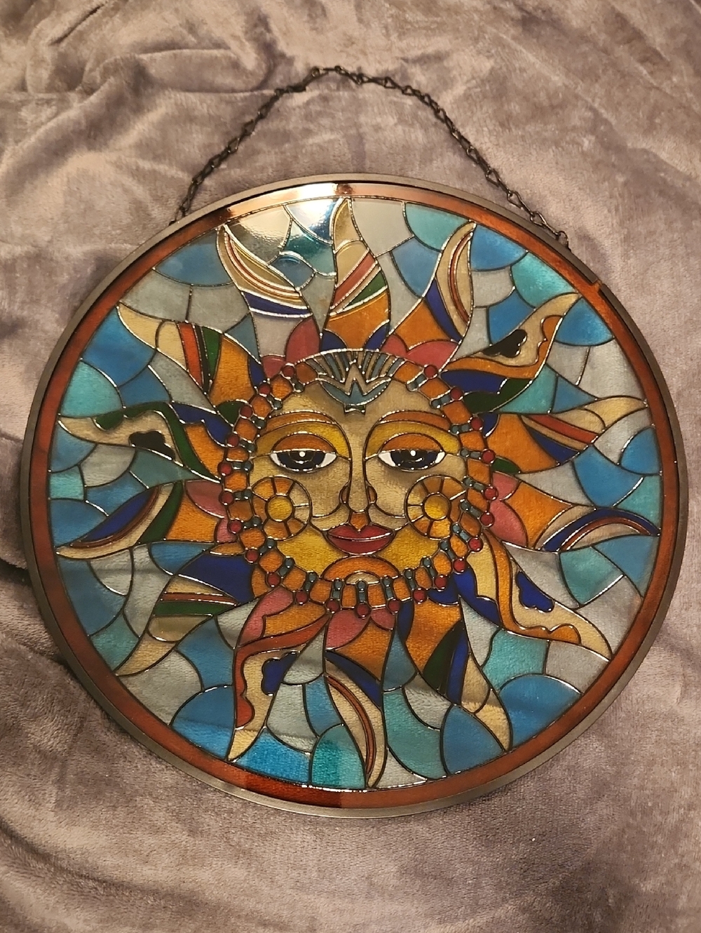🔥Sun Face Stained Glass Wall Circle - Blue & Gold Tones